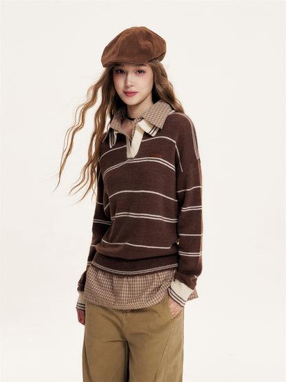 16DEWS 16D25380 Polo collar fake two-piece pullover sweater