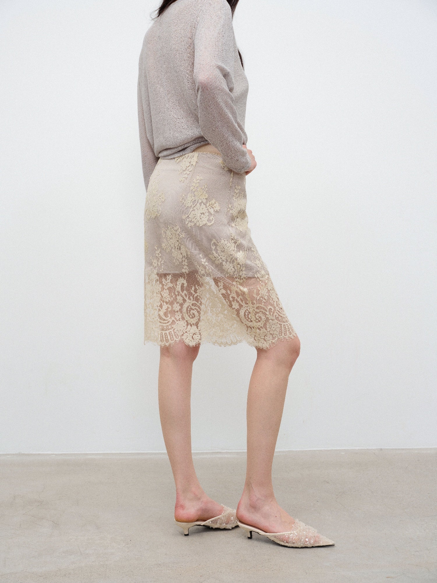 NONCESTNON N380 Champagne Lace Midi Skirt