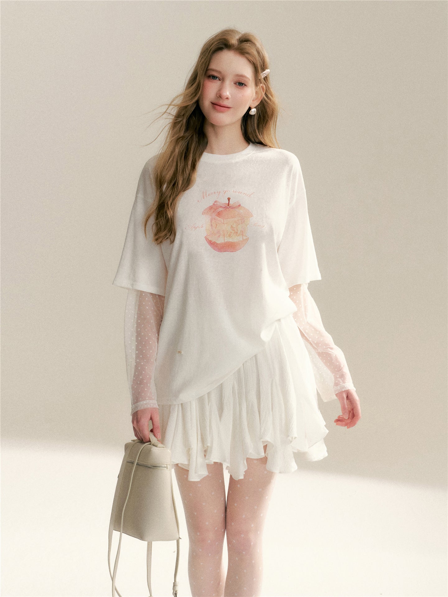 16DEWS 16D26042 Lace patchwork fake two piece long sleeved T-shirt