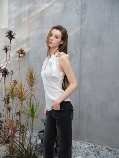 NONCESTNON N300 White ribbon chiffon shirt