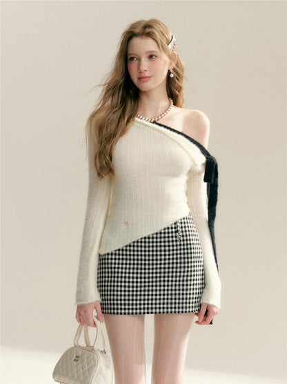 16DEWS 16D26007 Color blocking straps irregular design slim knit sweater