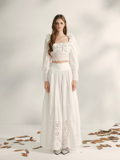 YZZI HE French embroidery hollowed out lace top + skirt set