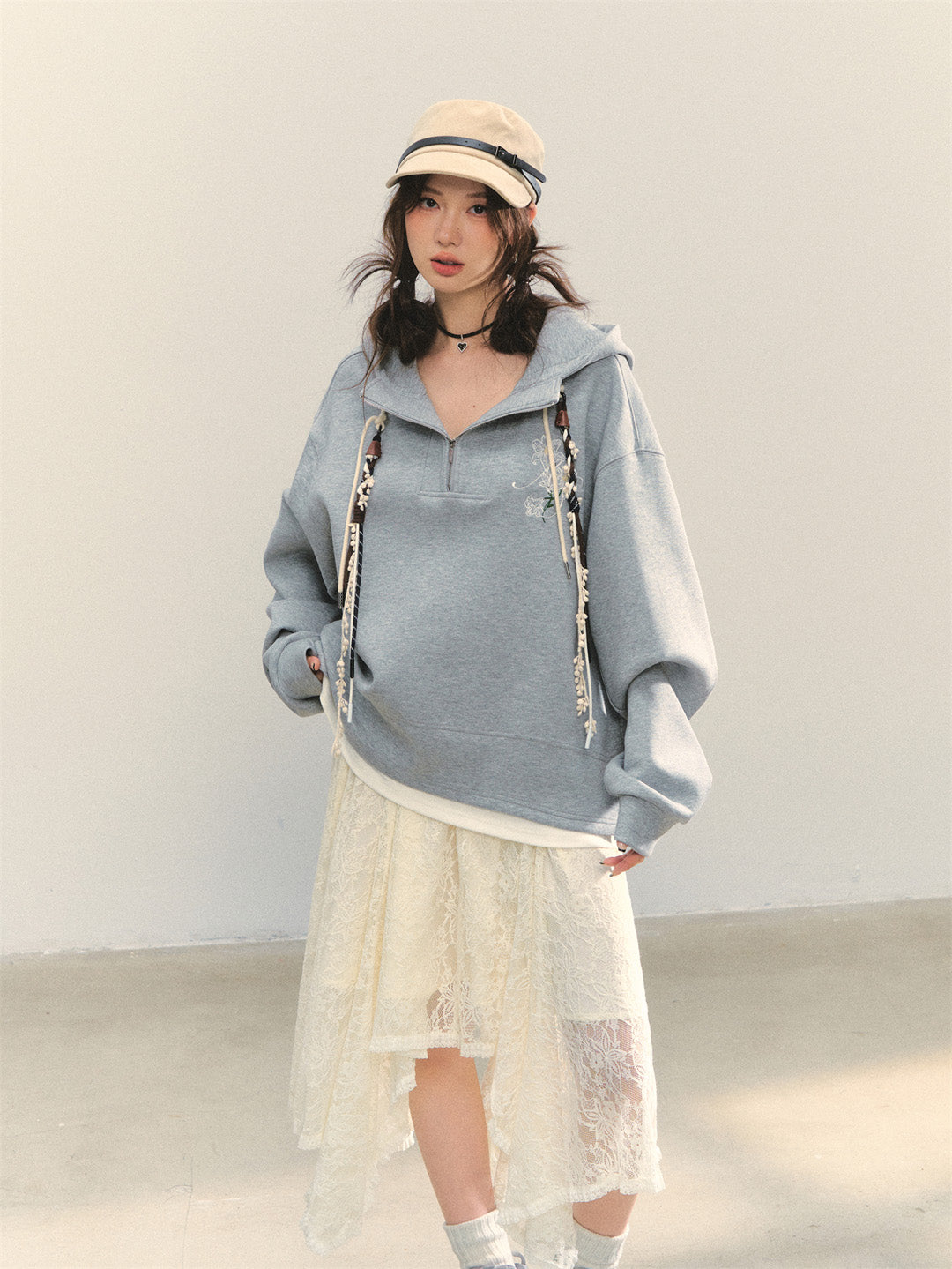 AsGony ASG25347 Flower embroidered casual loose pullover hoodie