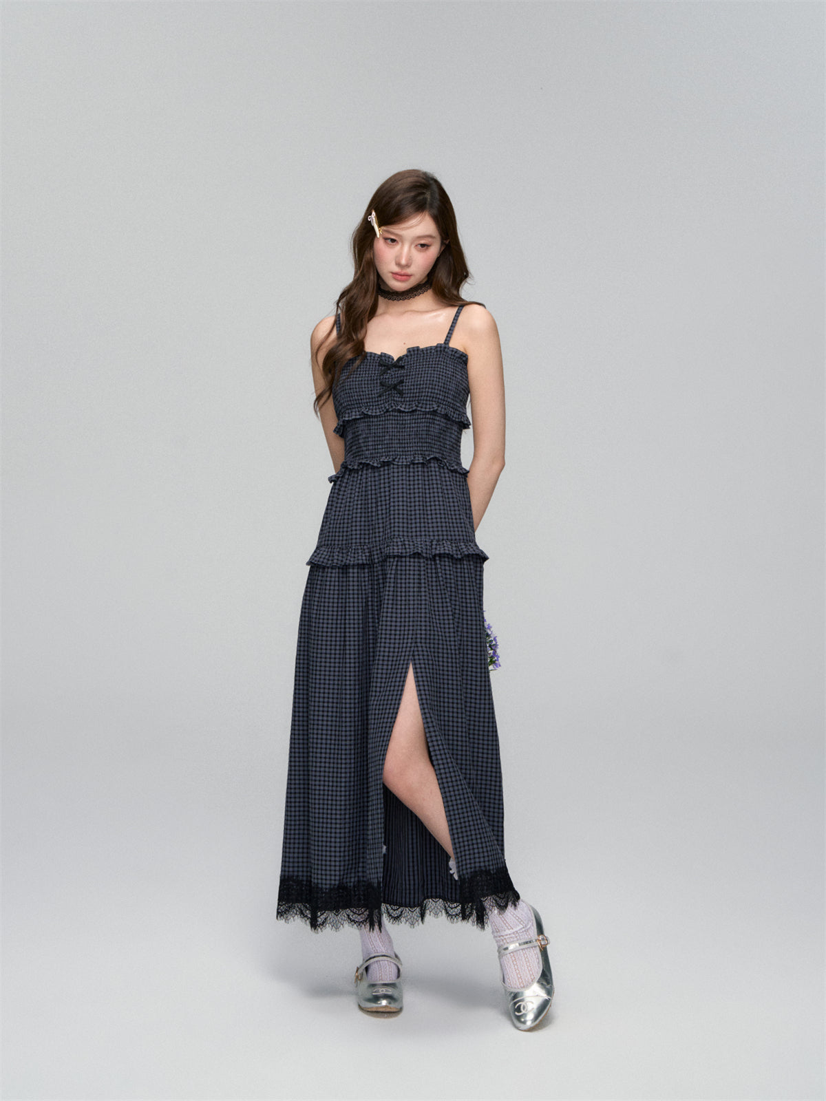 AsGony ASG25107 Plaid patchwork lace slit camisole dress