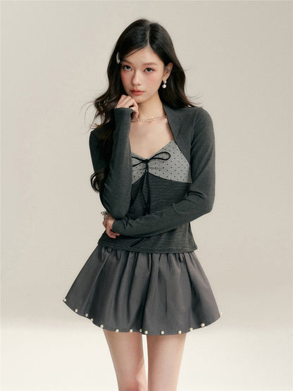 16DEWS 16D26045&amp;16D26046 Stripe contrasting fake two V-neck slim fit top + skirt set