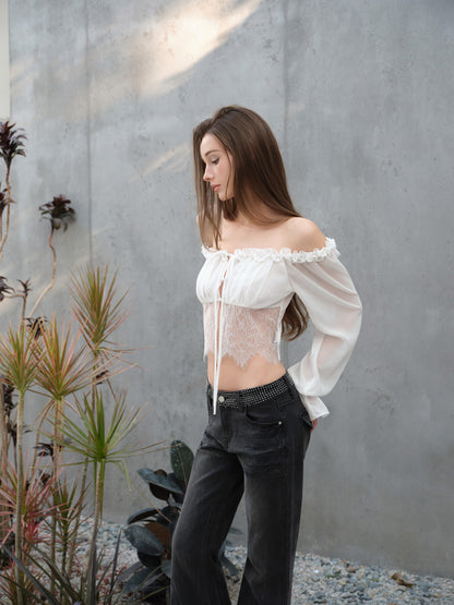 NONCESTNON N318 White chiffon lace long shirt