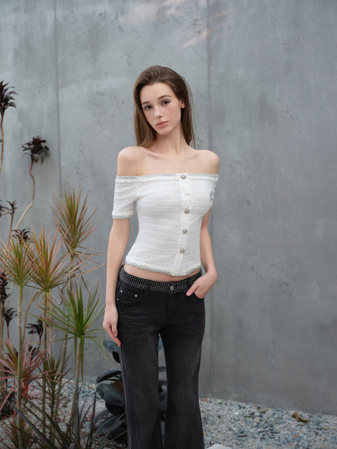 NONCESTNON N320 Lace off shoulder top