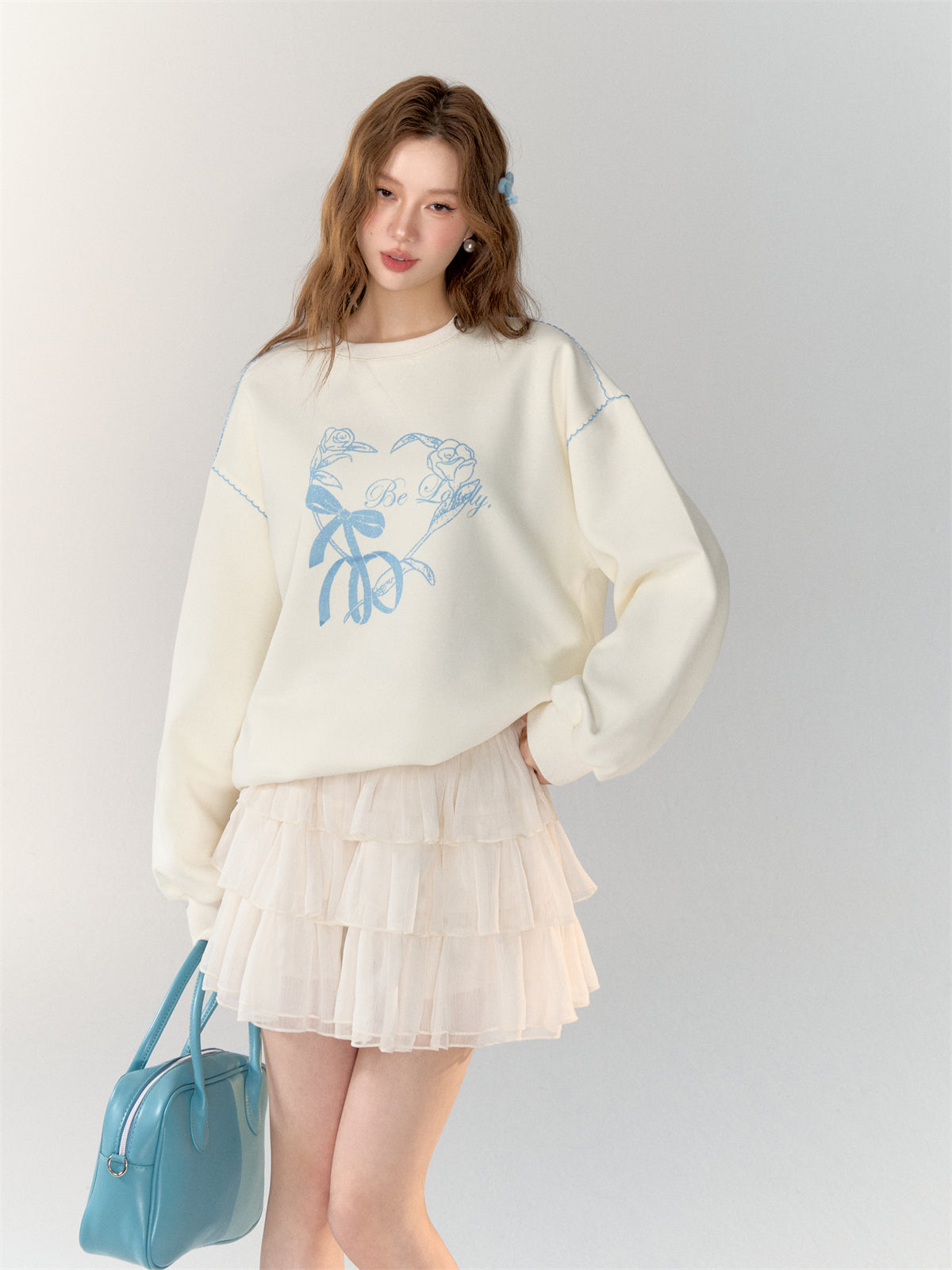 AsGony ASG24712&amp;ASG24713 Blue printed embroidered hoodie + skirt