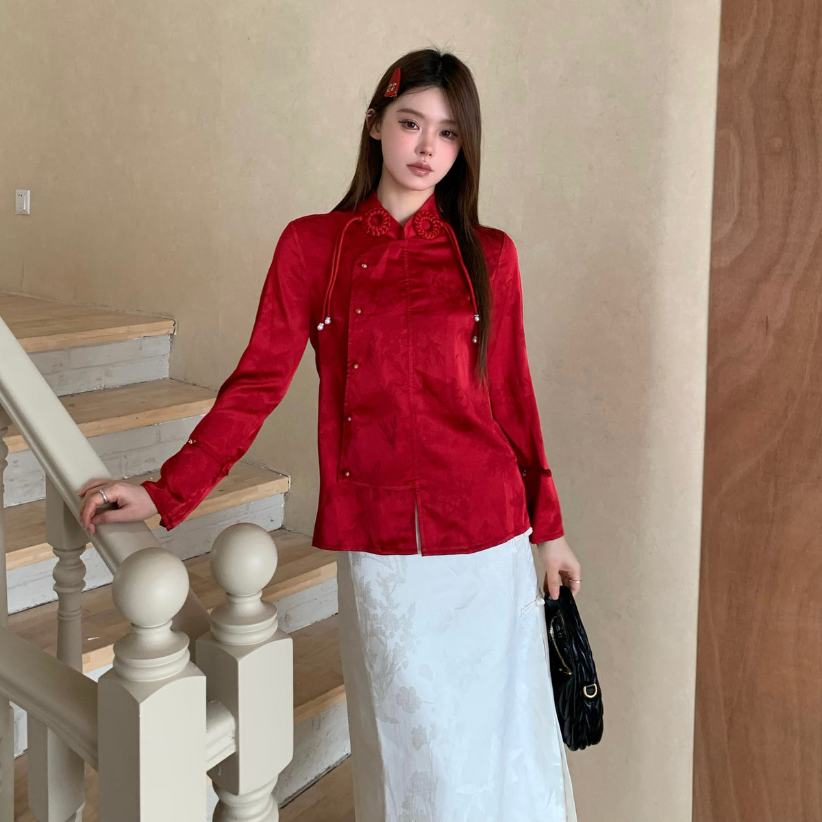 Aimme Sparrow 9075 Neo-Chinese red shirt with pearl pendant
