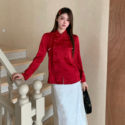 Aimme Sparrow 9075 Neo-Chinese red shirt with pearl pendant