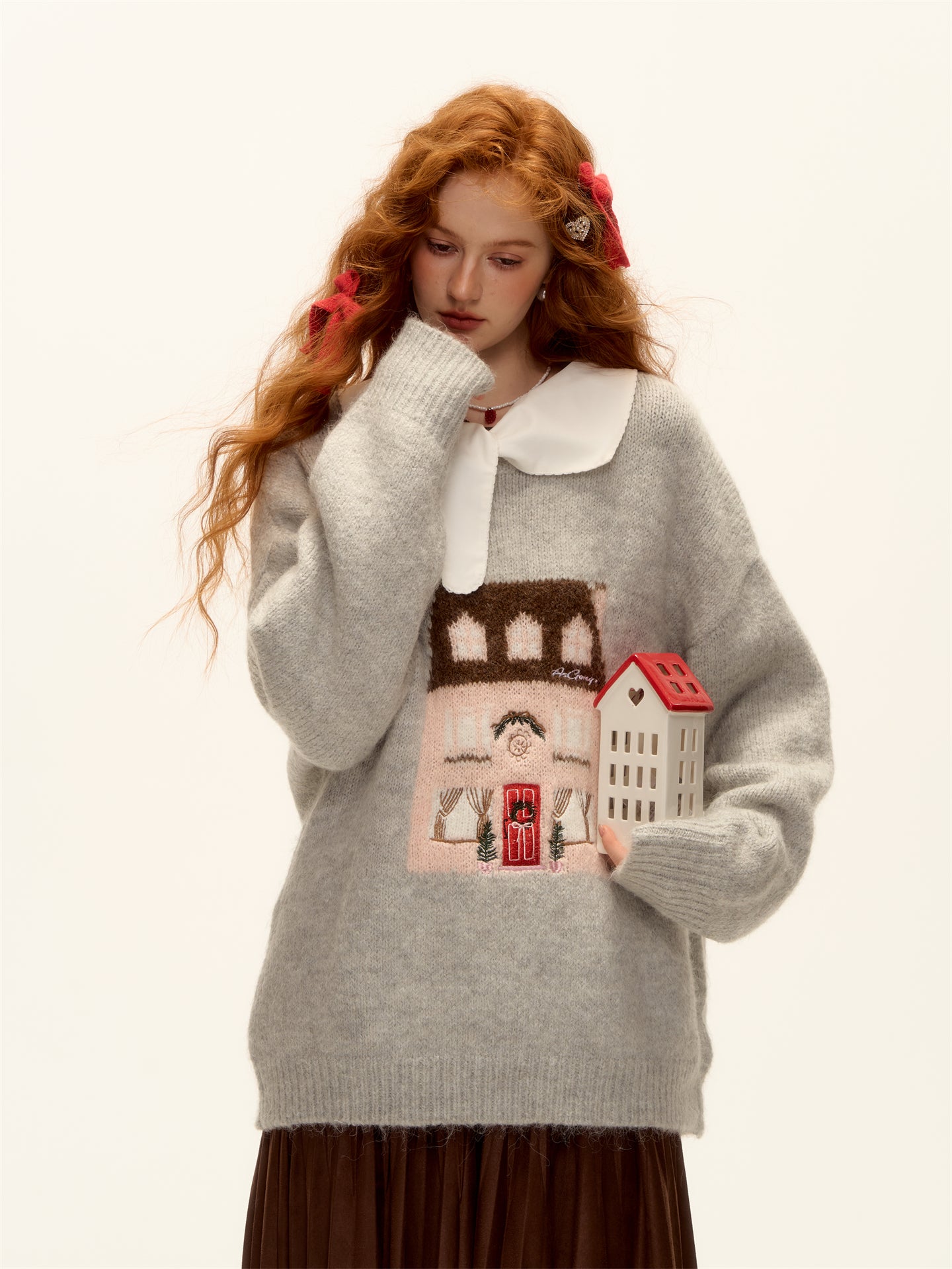 AsGony ASG25472 Jacquard embroidered round neck pullover sweater
