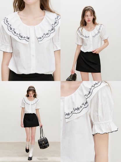 16DEWS 16D26362 Contrast Embroidered Puff-Sleeve Blouse