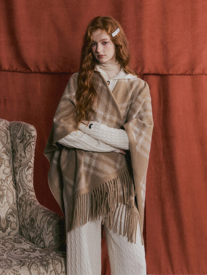 AsGony ASG25516 Vintage plaid fringe cape shawl