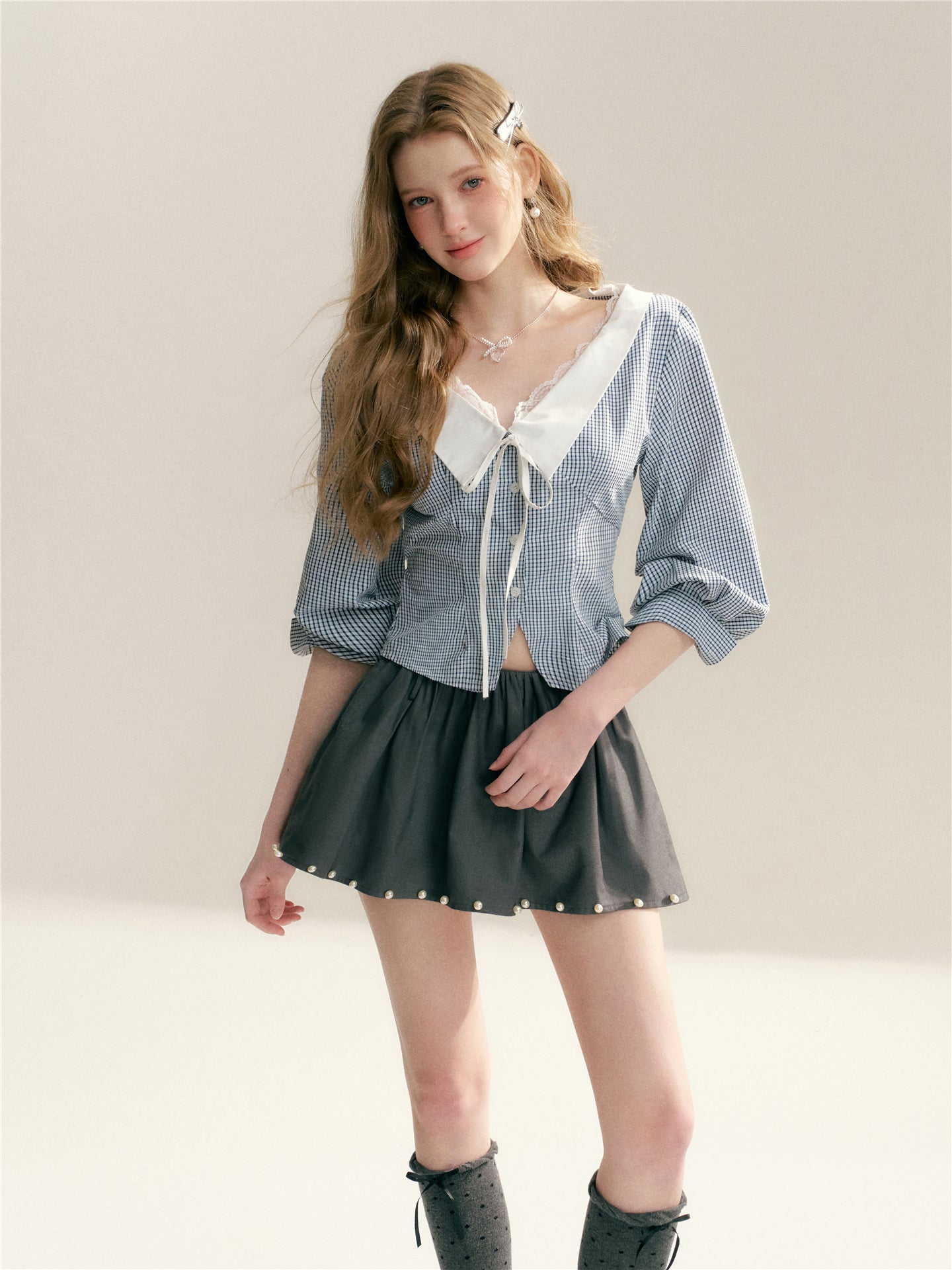 16DEWS 16D26020 Lace edged V-neck plaid patchwork waist cinching shirt