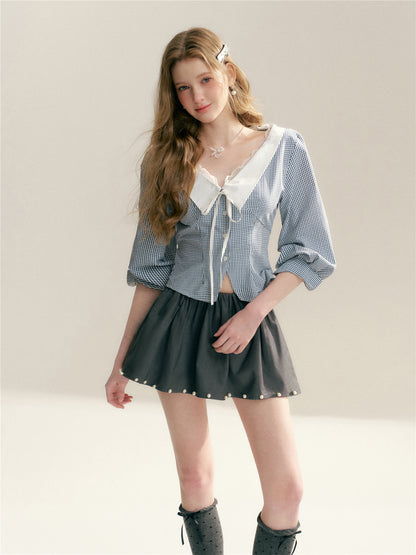 16DEWS 16D26020 Lace edged V-neck plaid patchwork waist cinching shirt