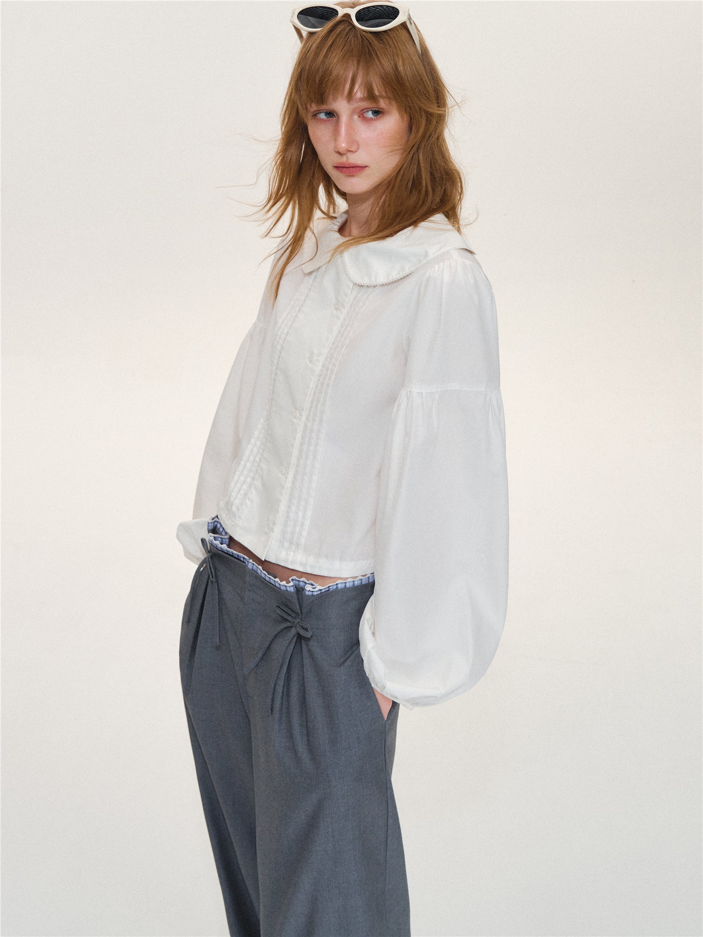 Asgony ASG26565 Tuck-Pleat Lace Trim Collar Blouse