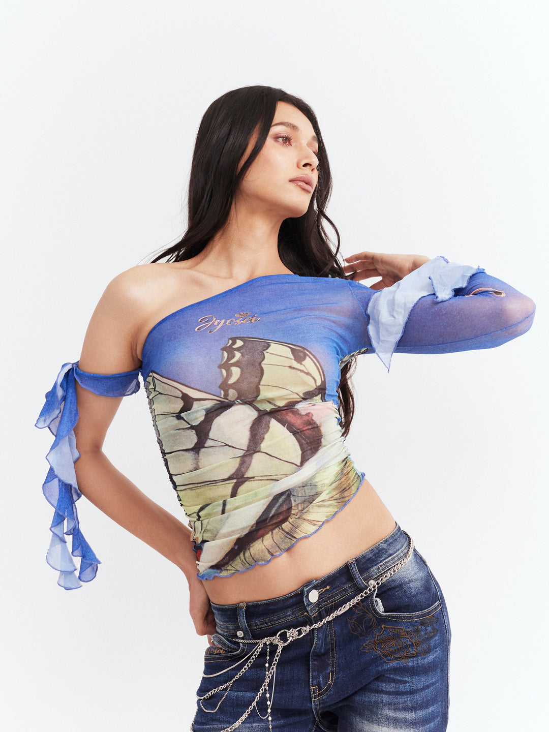 JYOSEI Blue one shoulder printed top