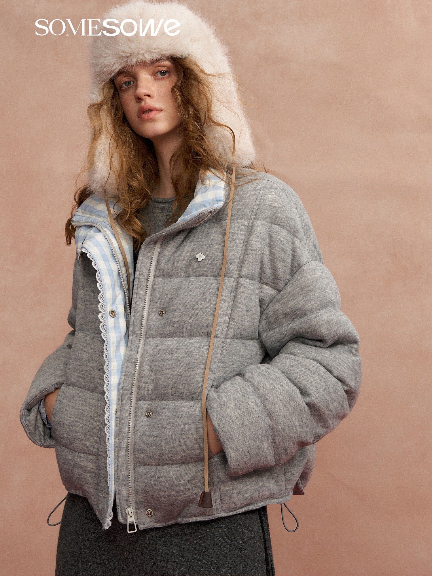 SOMESOWE S2508304 Plaid patchwork stand up collar bread down jacket