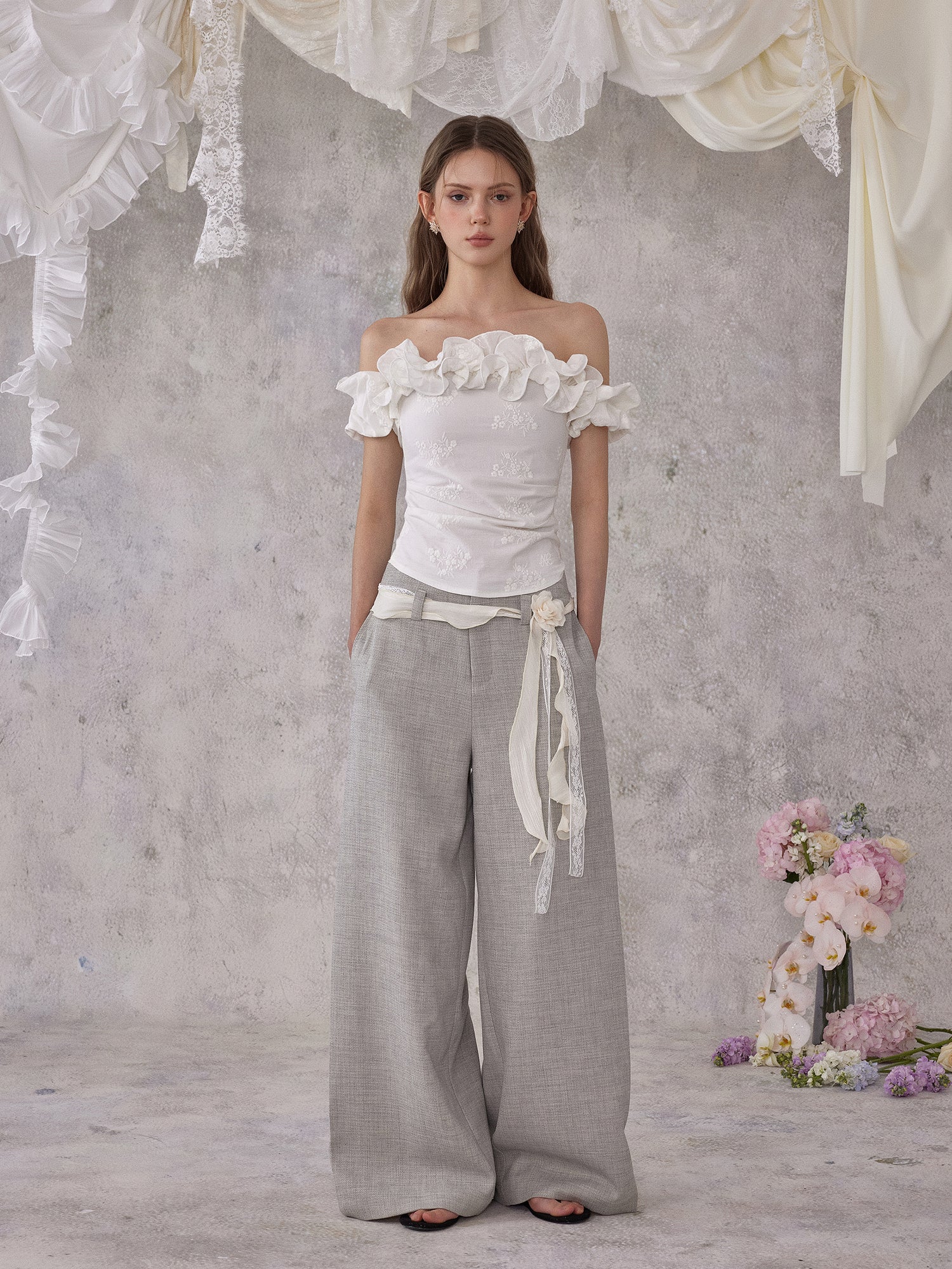 NOMEANSNO N172&amp;N185 Lace up pants +Lace flower belt set (2color)