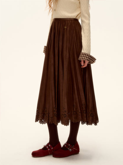 AsGony ASG25477 Hollow lace hem pleated suede long skirt