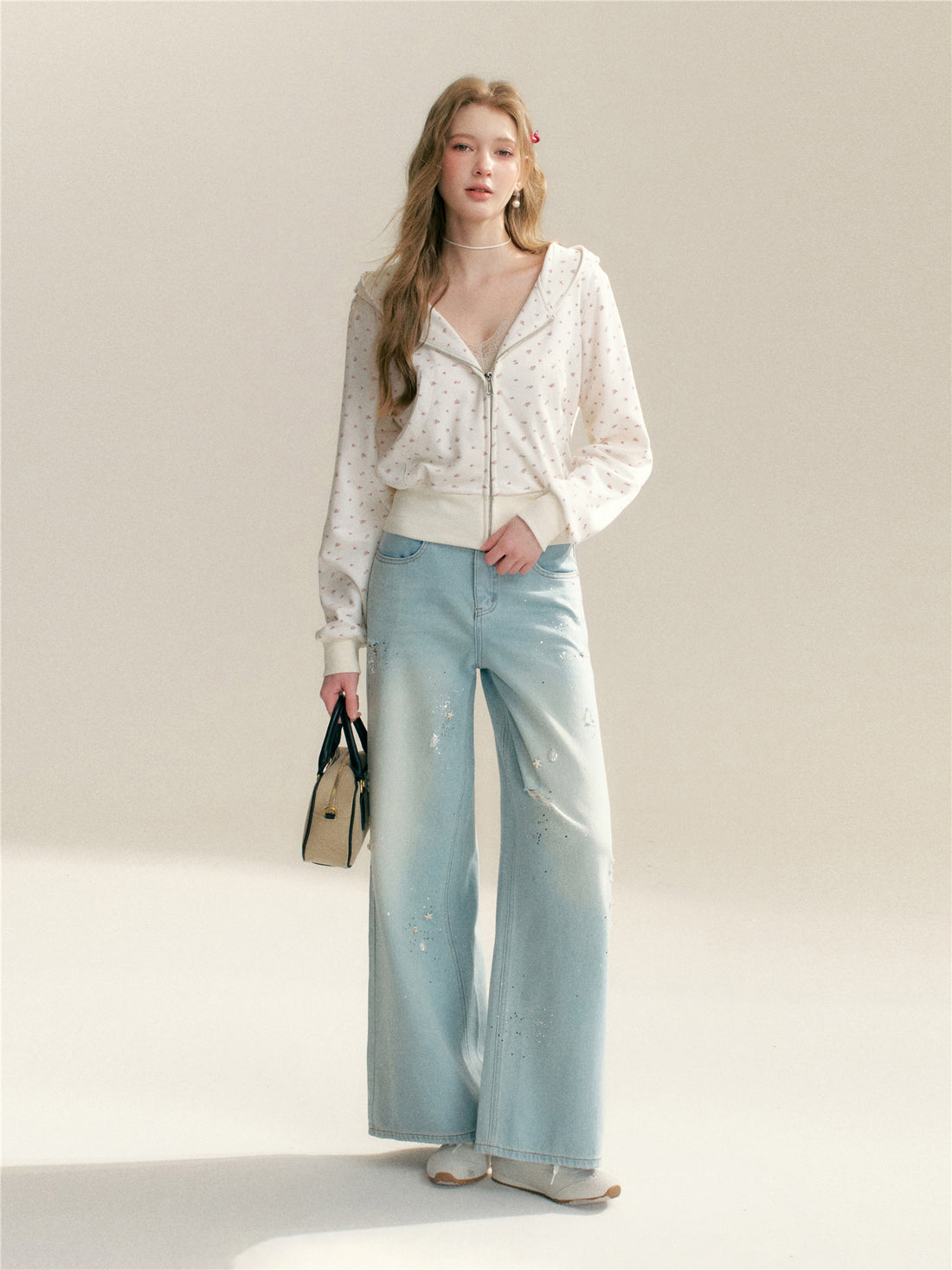 16DEWS 16D26011 Red floral hooded short-sleeved sweatshirt jacket