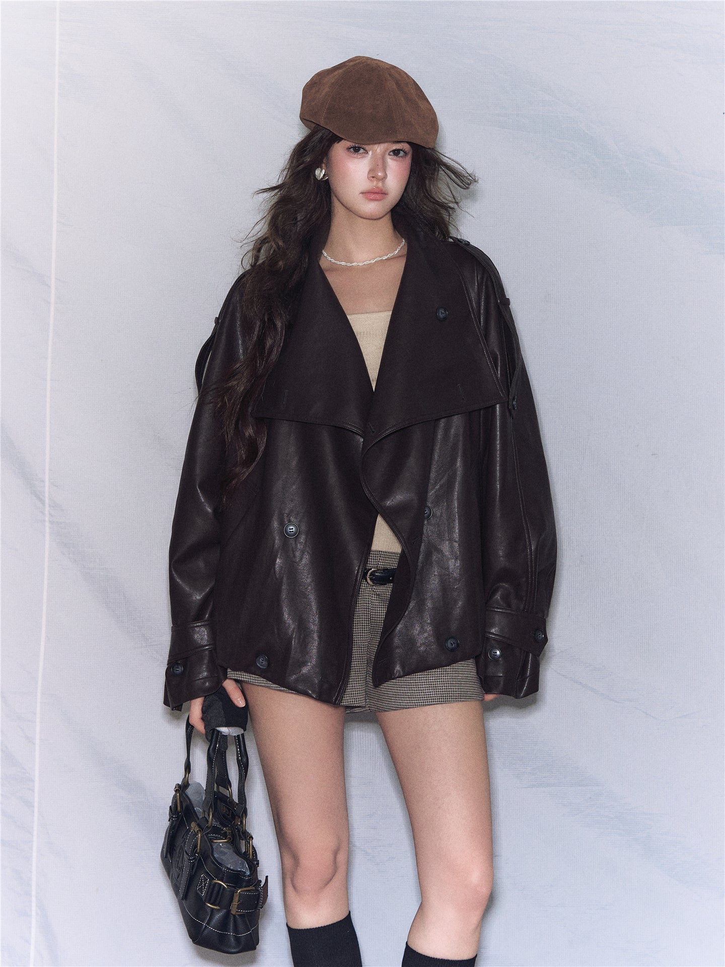 Asgony ASG26542 Oversized Collar Double-Breasted Leather Jacket