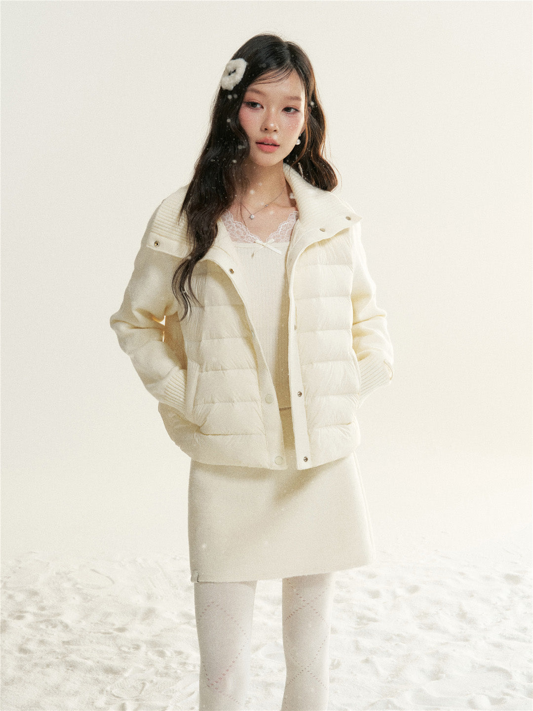 16DEWS 16D25512 Sweater spliced knit stand up collar down jacket