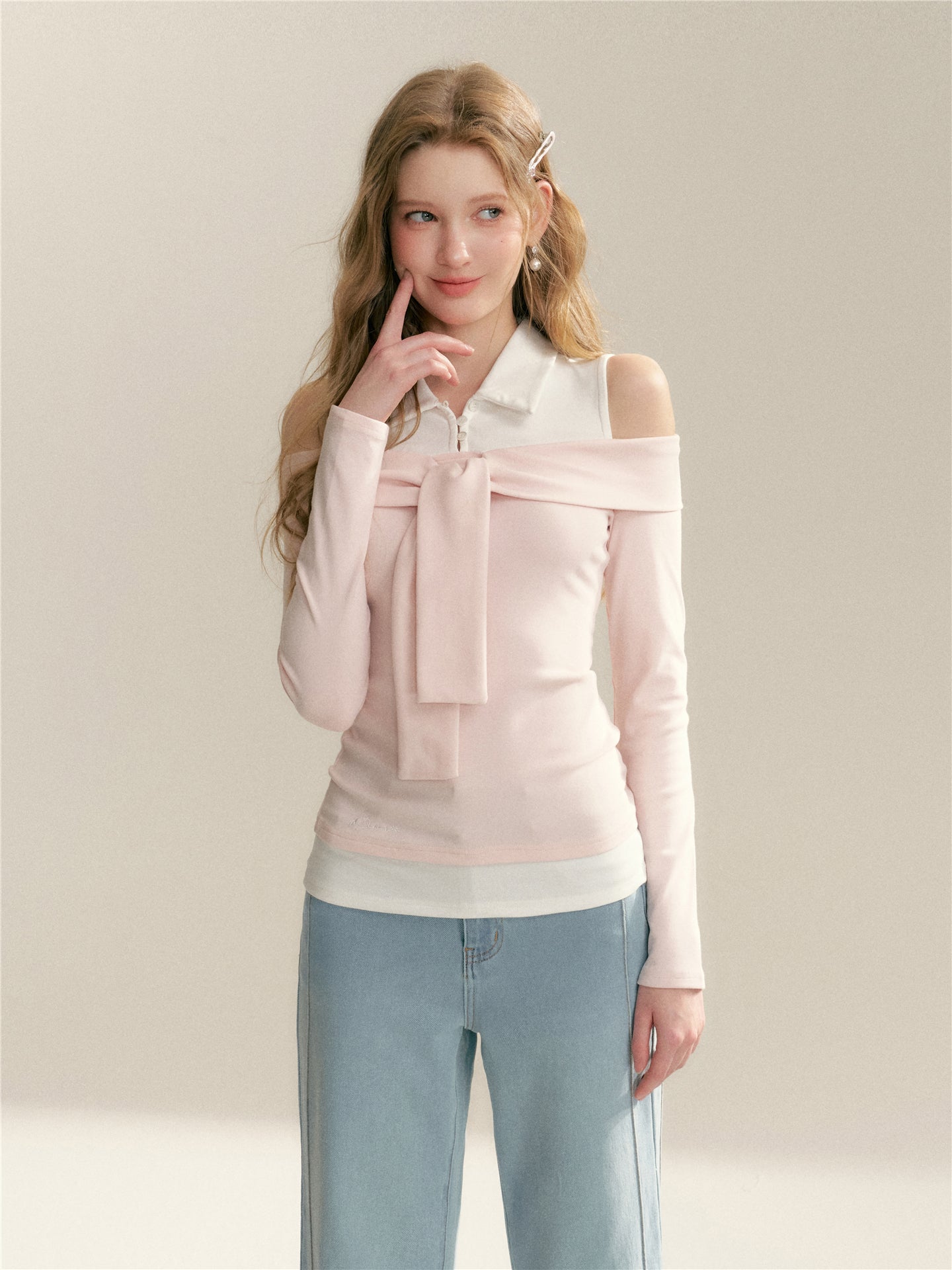 16DEWS 16D26022 Fake two piece off shoulder strap splicing slim fit top