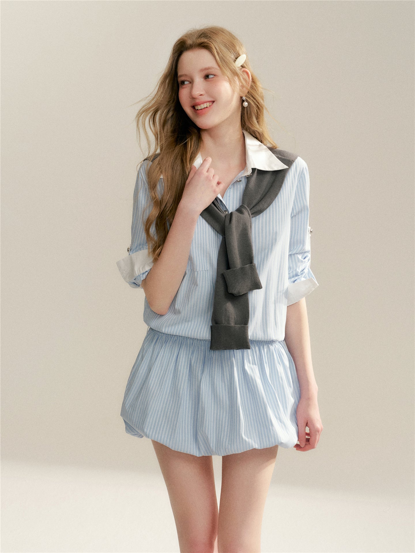 16DEWS 16D26047 Splicing striped shirt flower bud dress