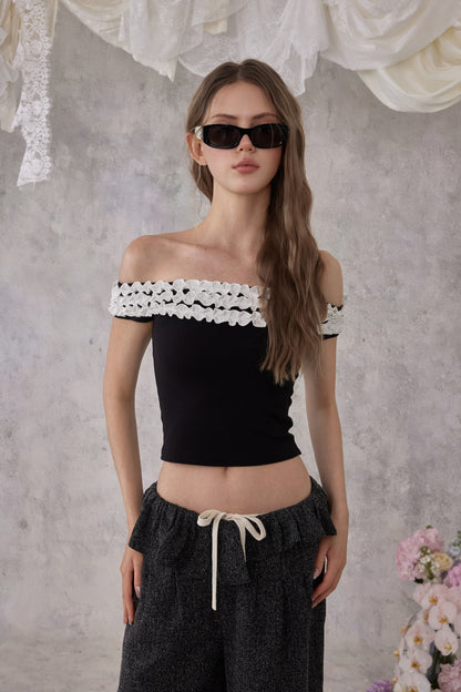 NOMEANSNO N157 Ruffled off-shoulder top (2color)