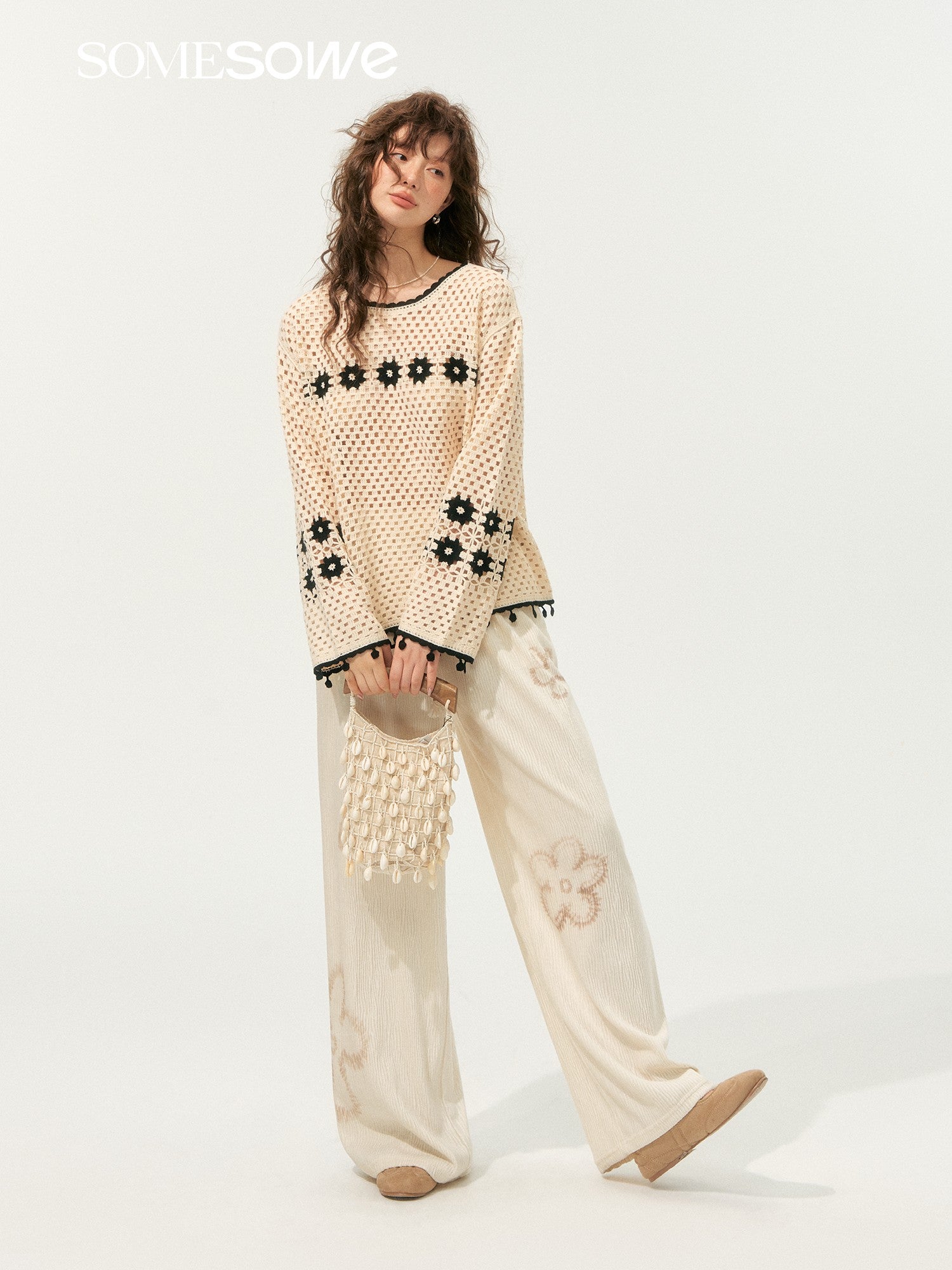 SOMESOWE S2508186&amp;S2508194 Bohemian style hollowed out sweater + pants set