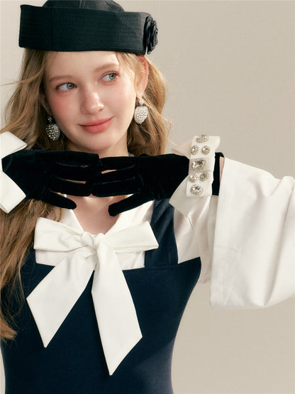 16DEWS 16D26015 Fake two V-neck lace up contrasting splicing slim fit dress