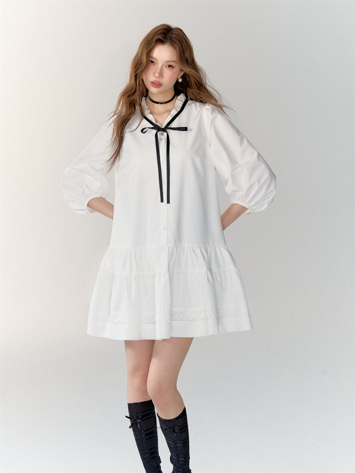 AsGony ASG24717 Bow tie shirt pleated dress