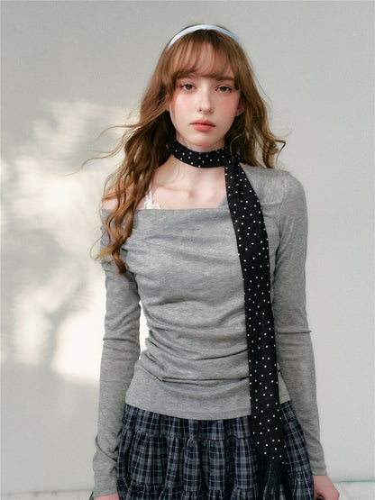 16DEWS 16D26080 Polka dot ribbon pleated collar cinched top