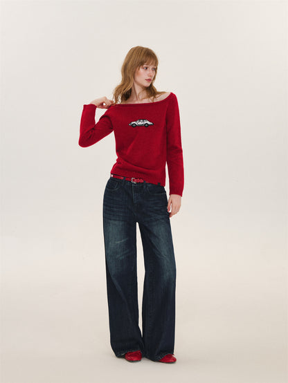 Asgony ASG26577 Car-Print Cropped One-Shoulder Top