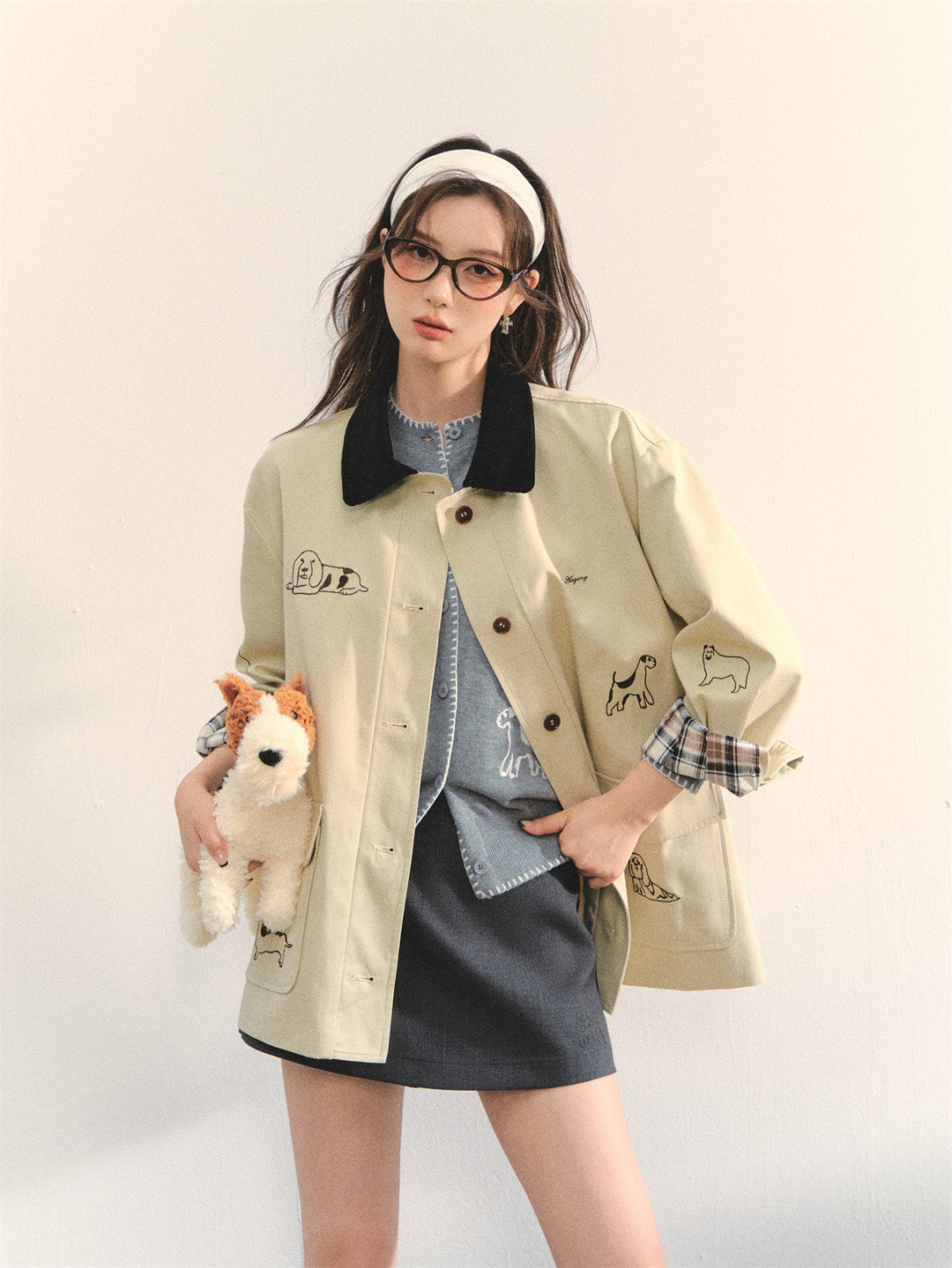 AsGony ASG25328 Puppy embroidered patchwork windbreaker jacket