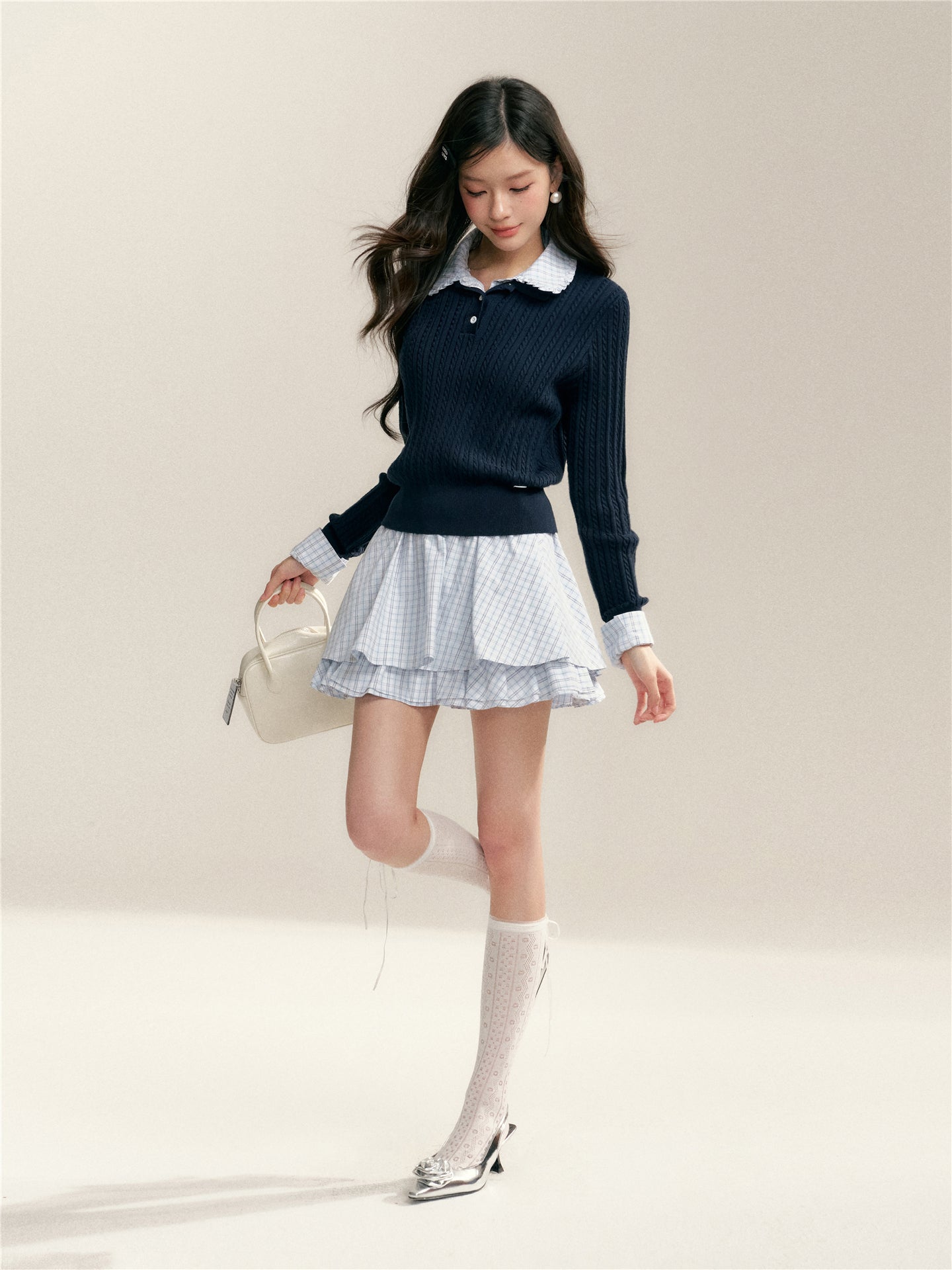 16DEWS 16D26009 Fake two-piece checkered spliced knitted sweater