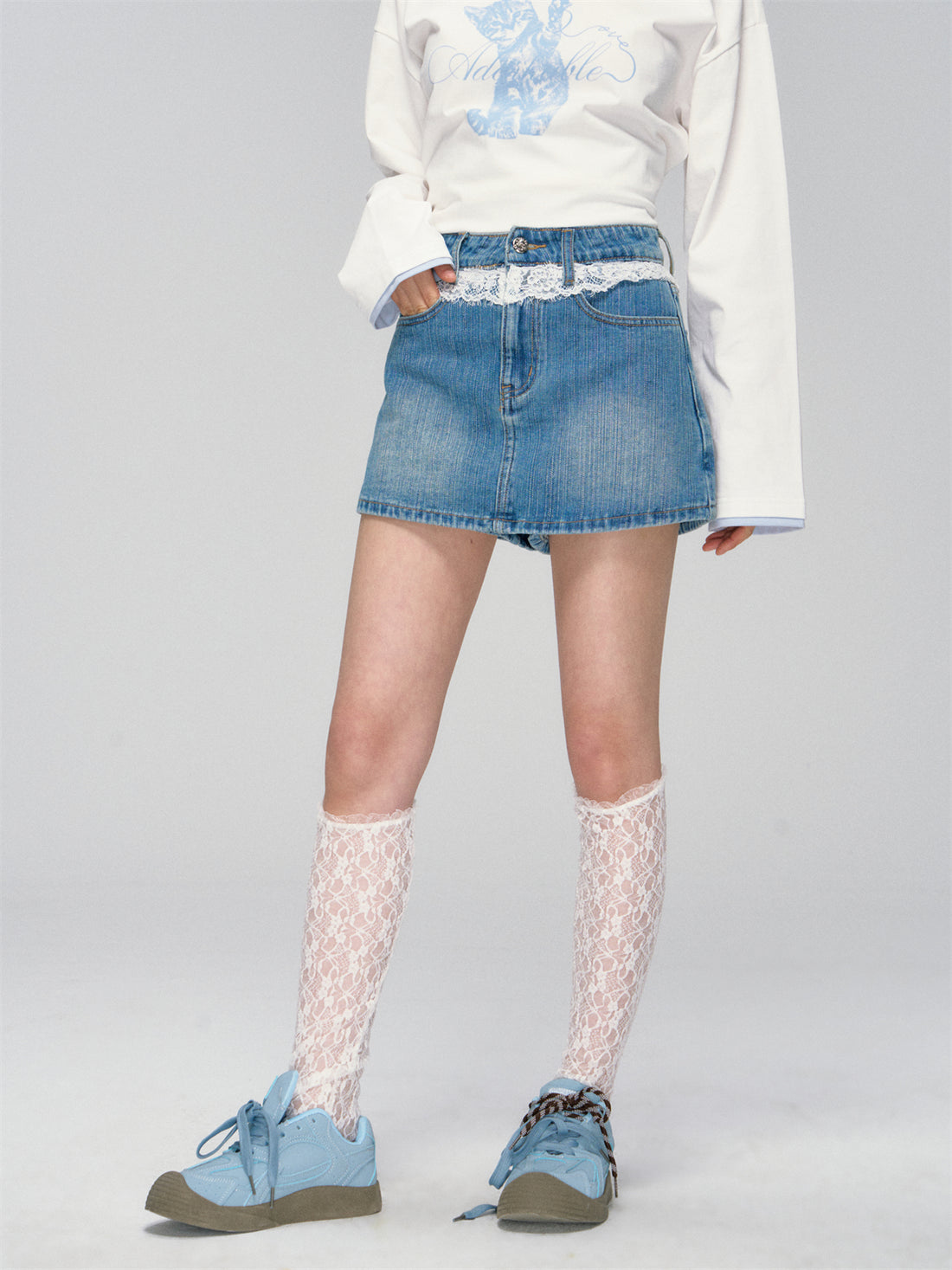 AsGony ASG25027 Lace patchwork denim pantskirt