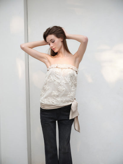 NONCESTNON N293 Satin patchwork lace strapless top