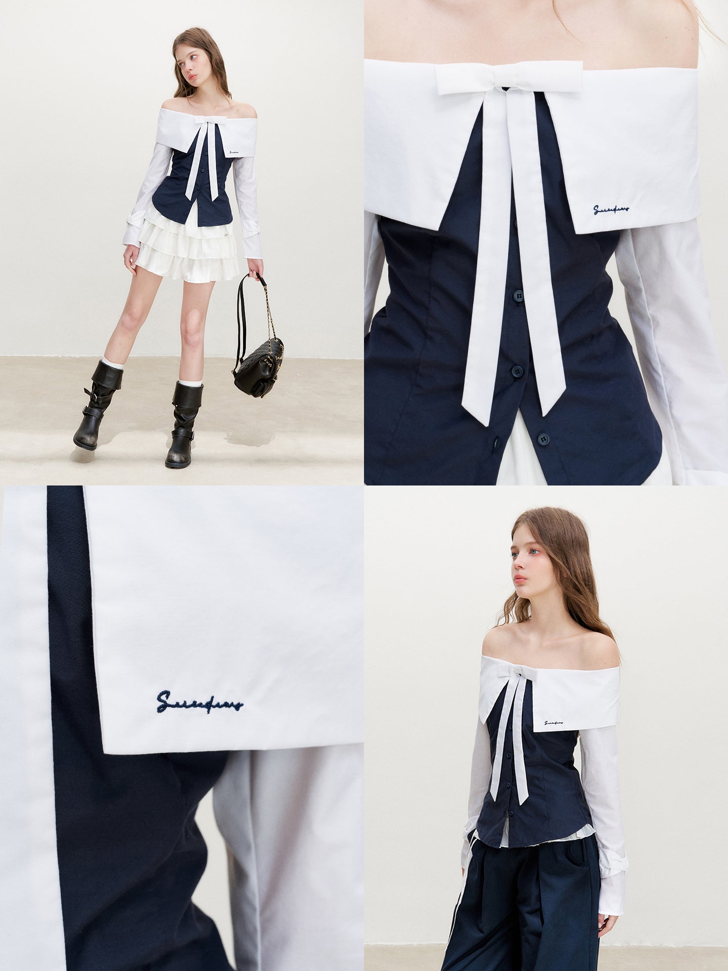 16DEWS 16D26350 Contrast-Color Bow Blouse