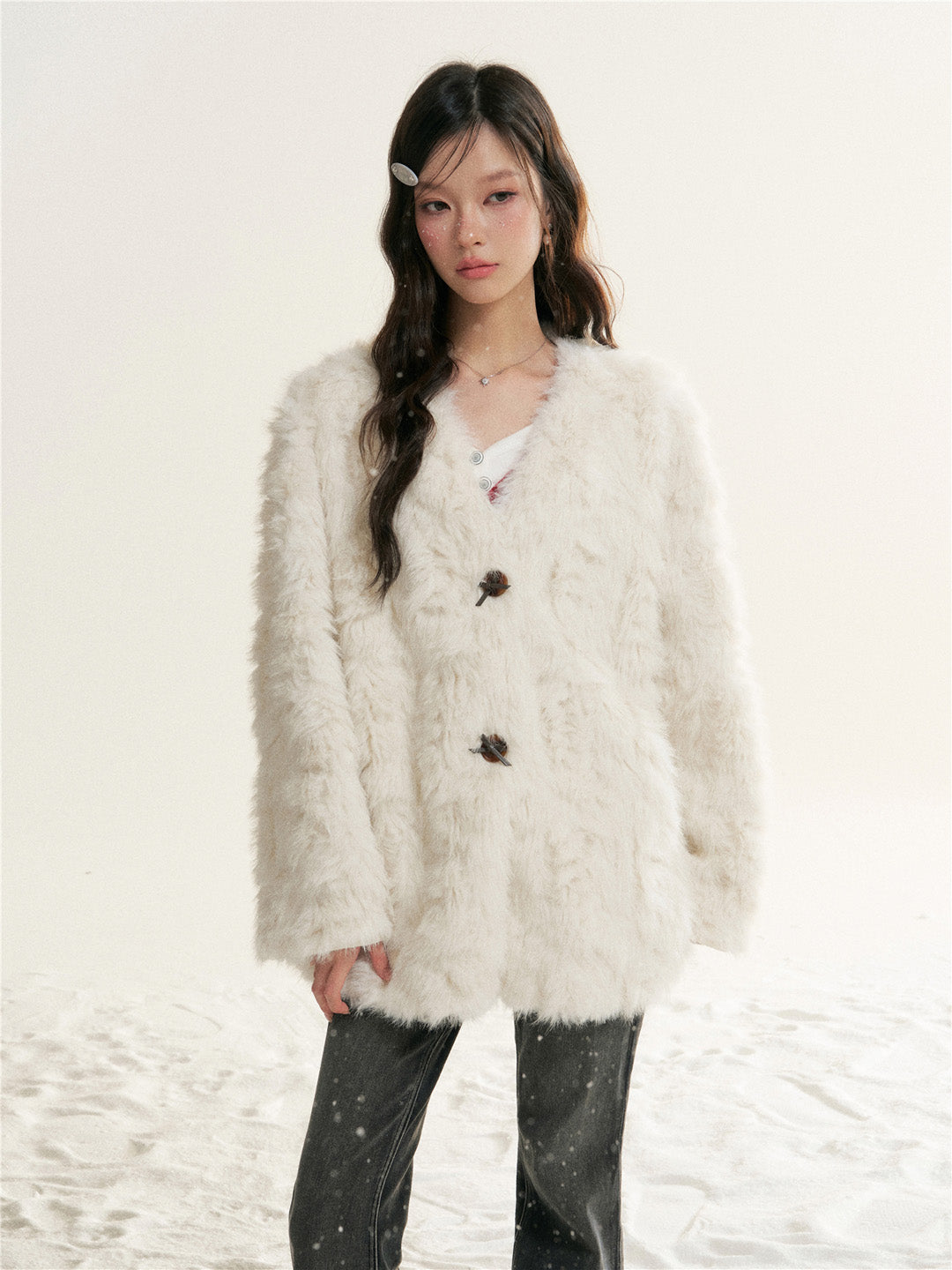 16DEWS 16D25522 Imitation fur one-piece single breasted V-neck jacket