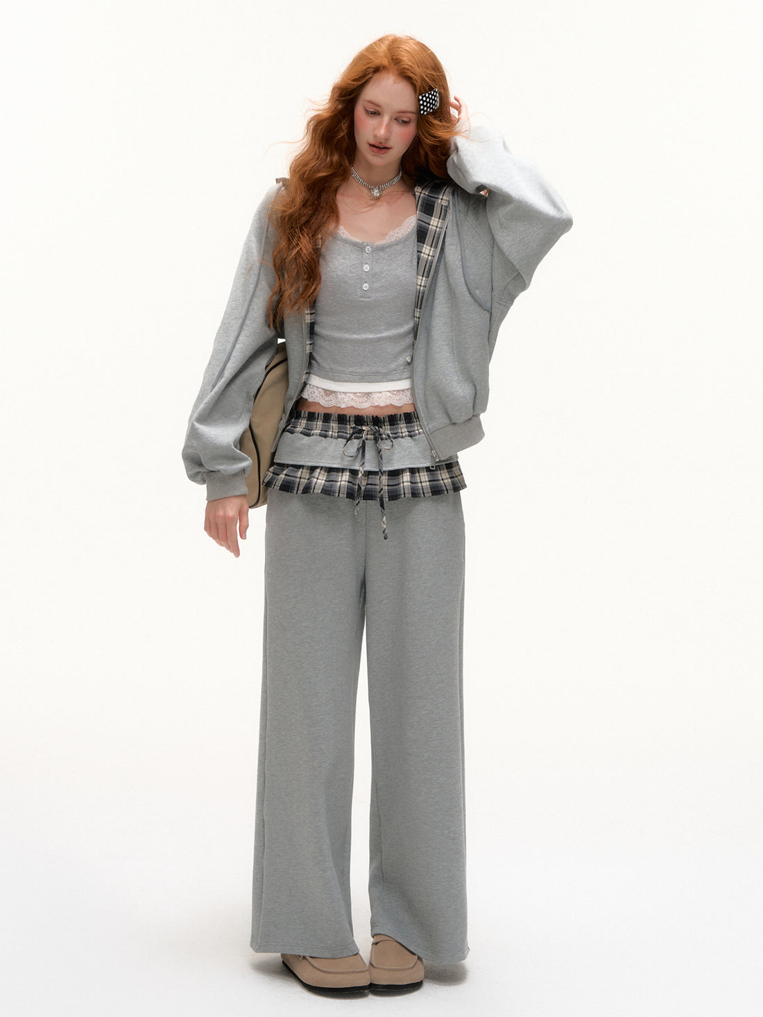 AsGony ASG25403&amp;ASG25404 Plaid patch embroidered hoodie + pants