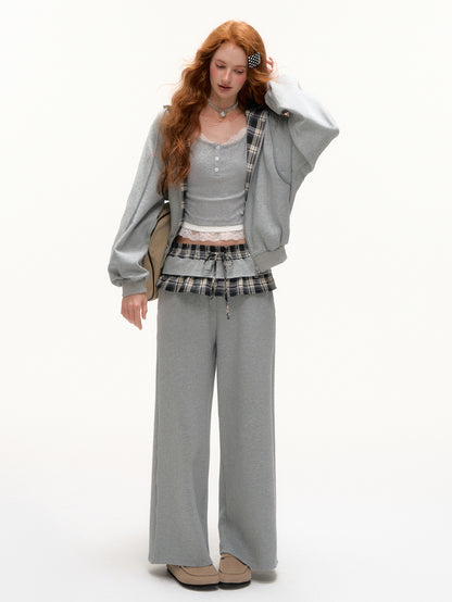 AsGony ASG25403&amp;ASG25404 Plaid patch embroidered hoodie + pants