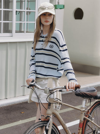Asgony ASG26284 Striped Embroidered Knit Polo Shirt