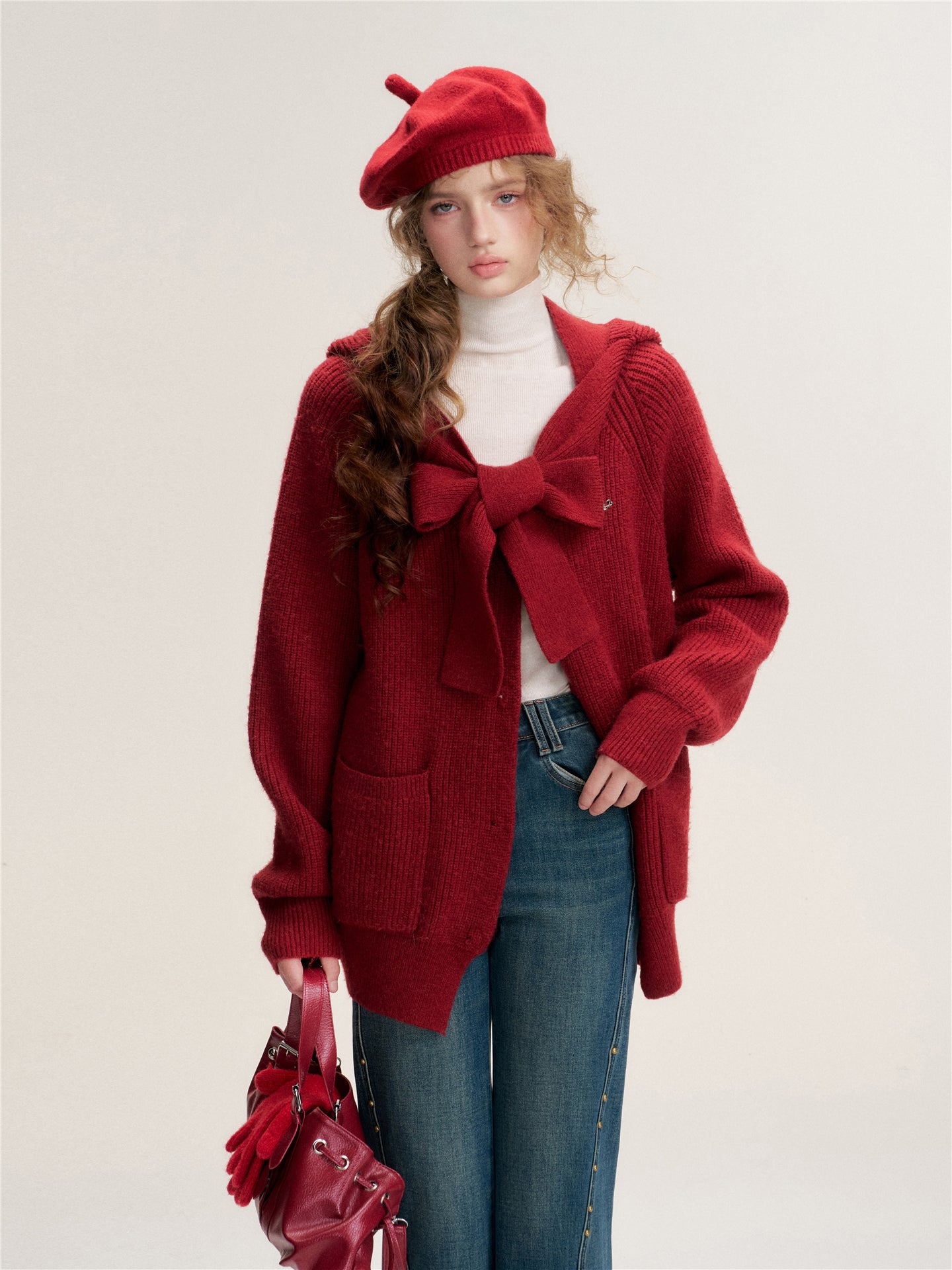 16DEWS 16D25473 Bow tie V-neck loose knit cardigan (with knit cap)