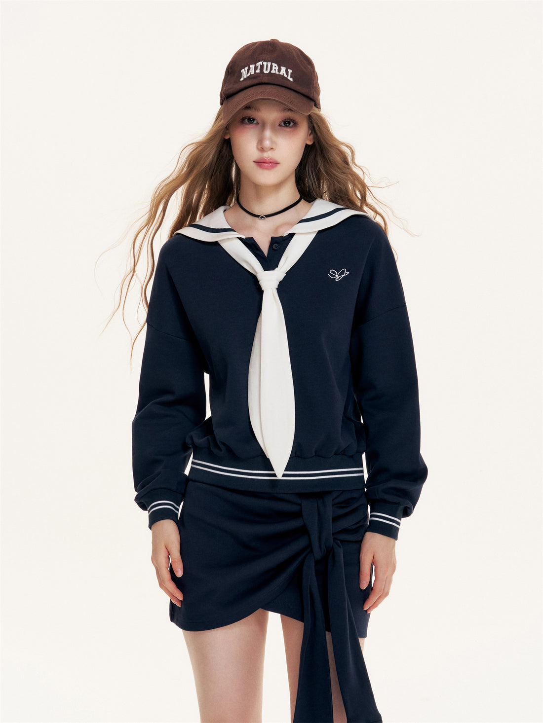16DEWS 16D25415&amp;16D25416 British Navy collar contrasting hoodie + skirt set