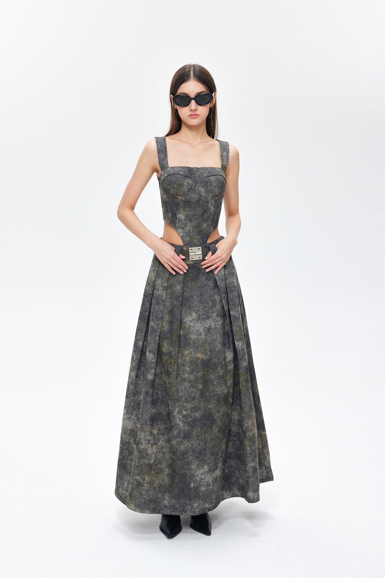 YJ1NGZYZJ  DENIM ACID-WASH LONG SKIRT IN GRAY