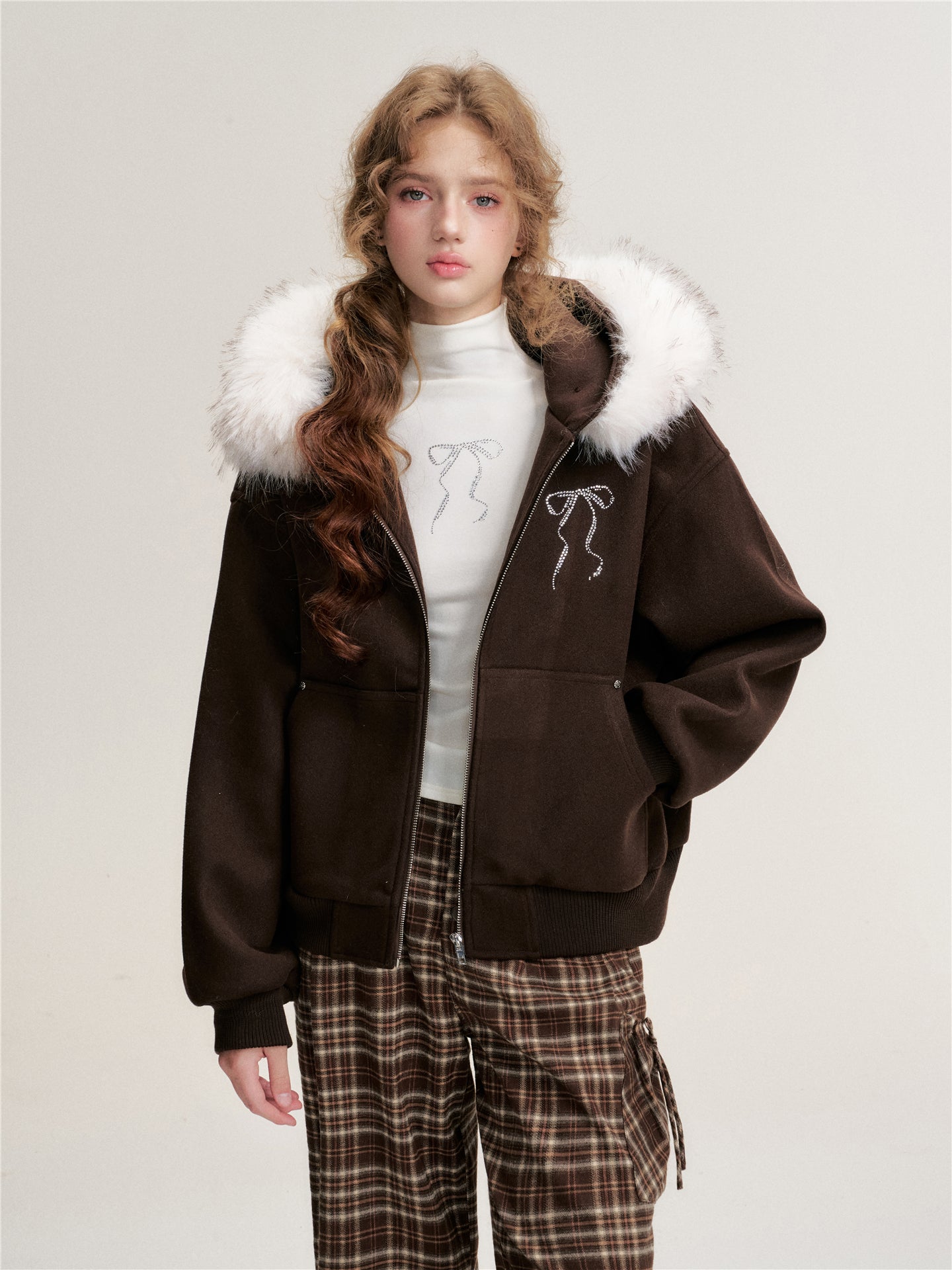16DEWS 16D25487 Detachable faux fur collar woolen sweatshirt jacket