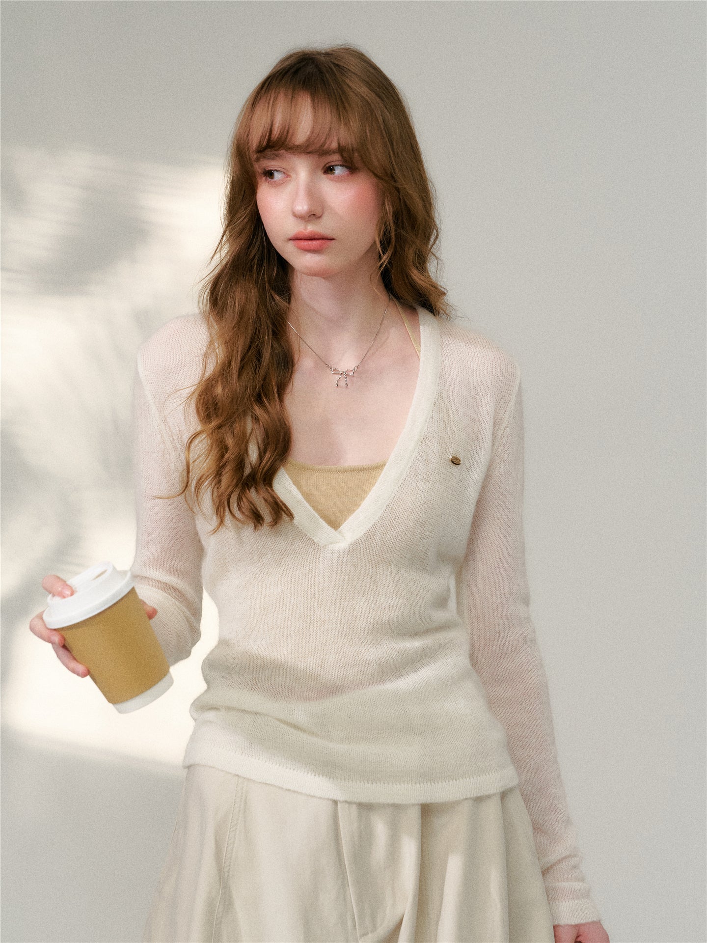 16DEWS 16D26097&amp;16D26098 V-neck wool mohair knitted sweater two-piece set + pants