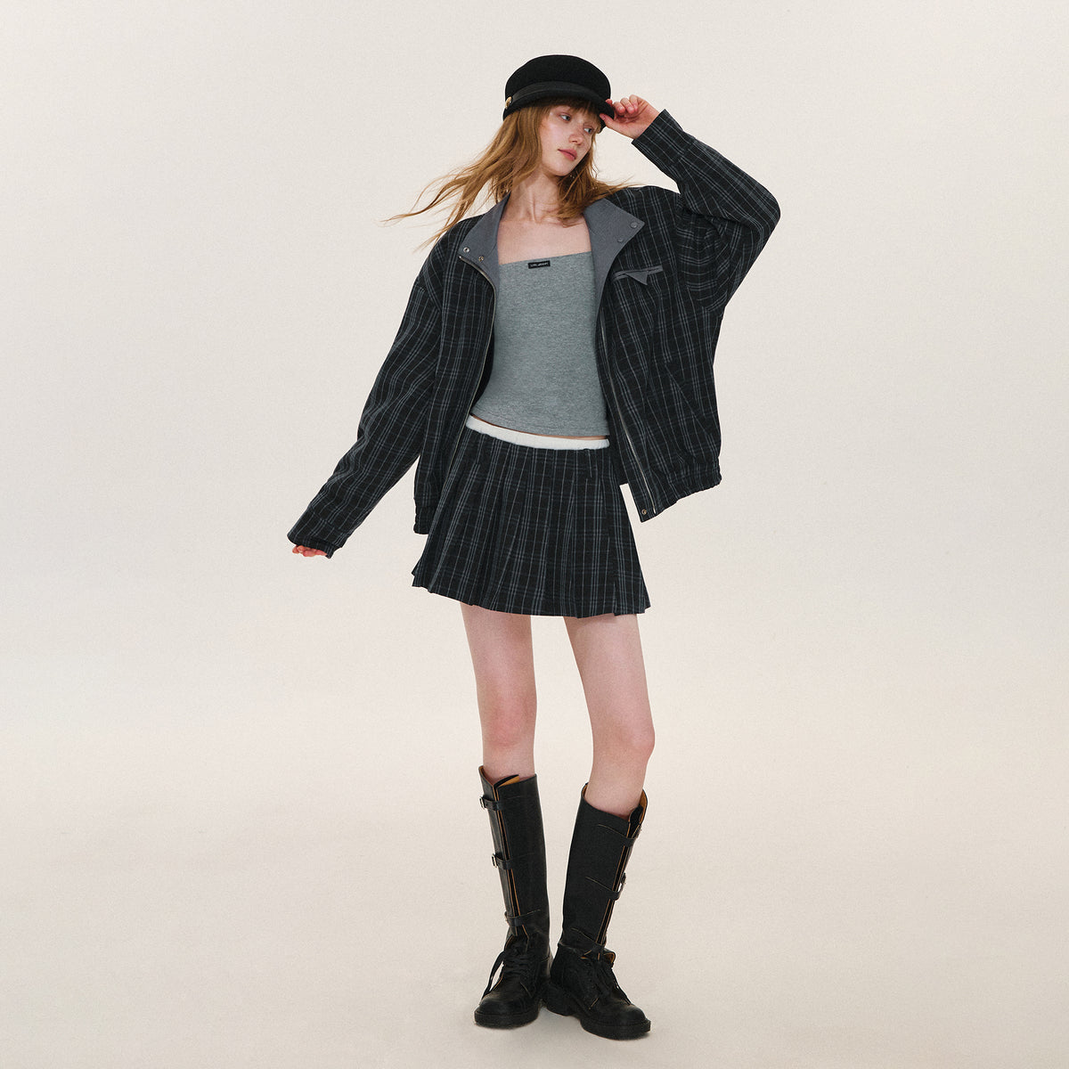 Asgony ASG26610 Vintage Plaid Contrast-Waist Pleated Skirt